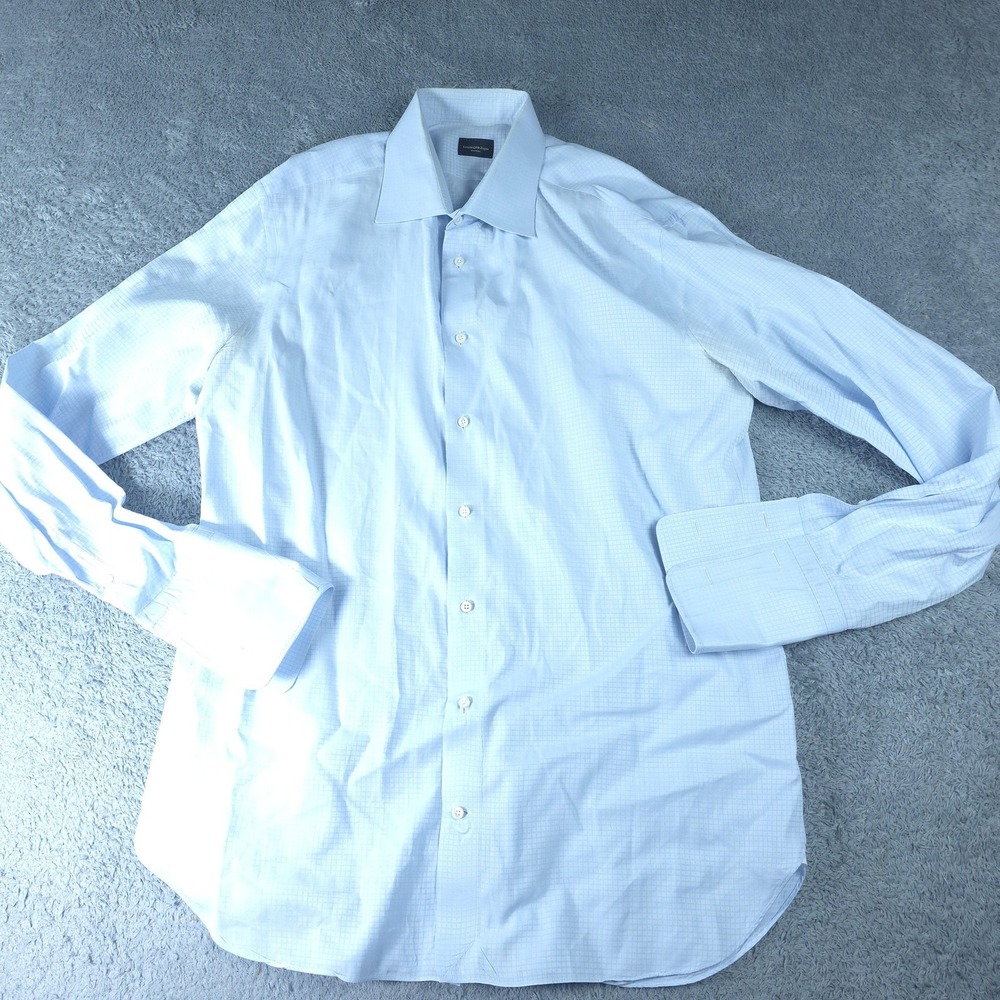 Ermenegildo Zegna Shirt Mens Large Blue Check Long Sleeve French Cuff Su Misura